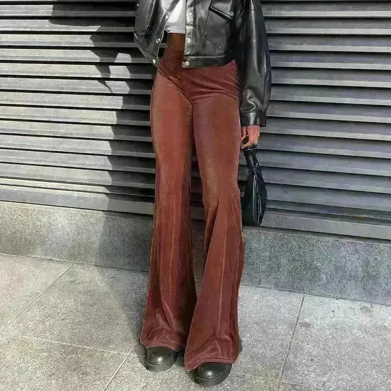 Solid Color Velvet Elastic High Waist Slimming Casual Bootcut Trousers Women - EX-STOCK CANADA