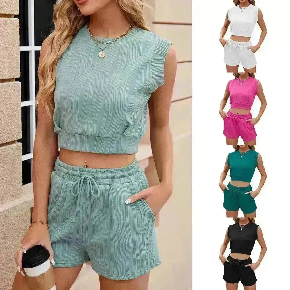 Solid Color Wave Pattern Design Suit For Women Casual Round Neck Sleeveless Top And Drawstring Design Shorts Fashion 2-piece Set Summer Clothing - EX-STOCK CANADA