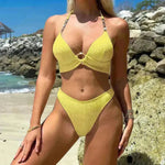 Solid Striped Bikini With Buckle Straps Fashion Summer Beach Swimsuit Womens Clothing - EX-STOCK CANADA