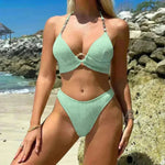 Solid Striped Bikini With Buckle Straps Fashion Summer Beach Swimsuit Womens Clothing - EX-STOCK CANADA