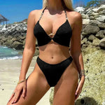 Solid Striped Bikini With Buckle Straps Fashion Summer Beach Swimsuit Womens Clothing - EX-STOCK CANADA