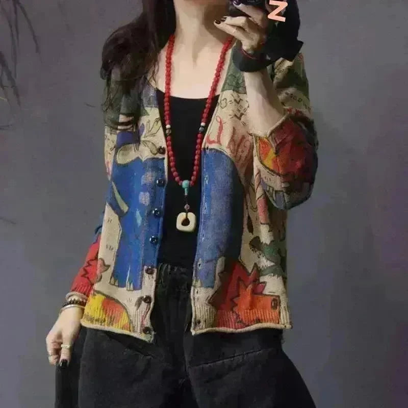 Spring Printed Knitted Cardigan Women Retro National Style Top - EX-STOCK CANADA