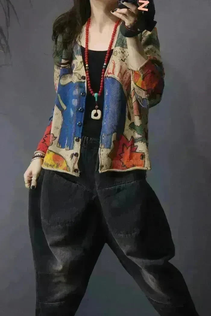 Spring Printed Knitted Cardigan Women Retro National Style Top - EX-STOCK CANADA