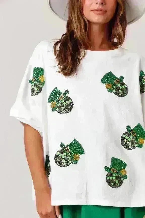 St Patrick Sequined Top Loose T-shirt For Women - EX-STOCK CANADA