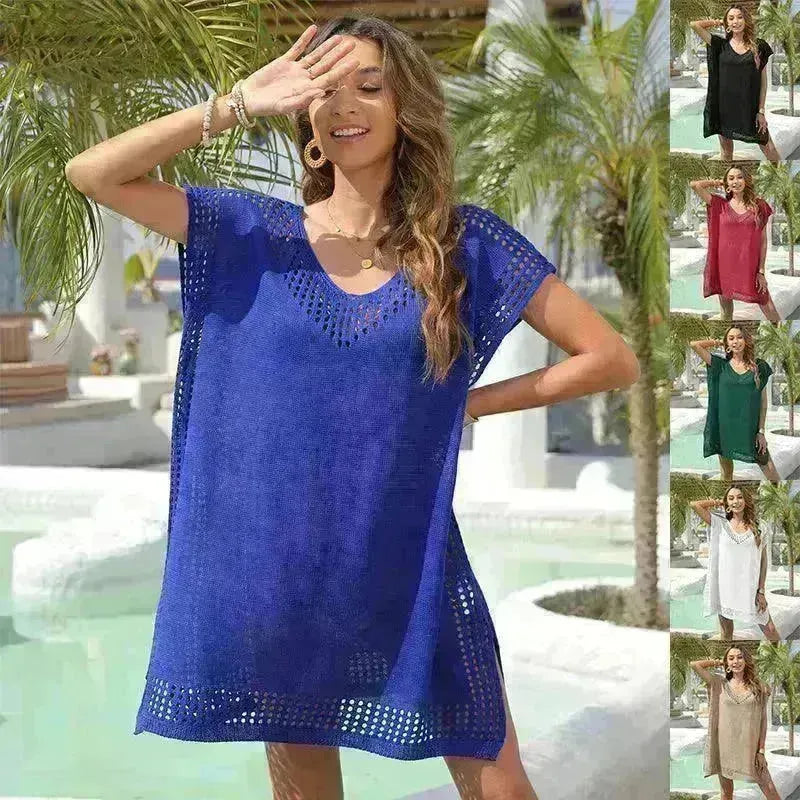 Summer Bikini Cover-up Dress V-neck Hollow Loose Seaside Vacation Beach Dresses For Women Clothing - EX-STOCK CANADA