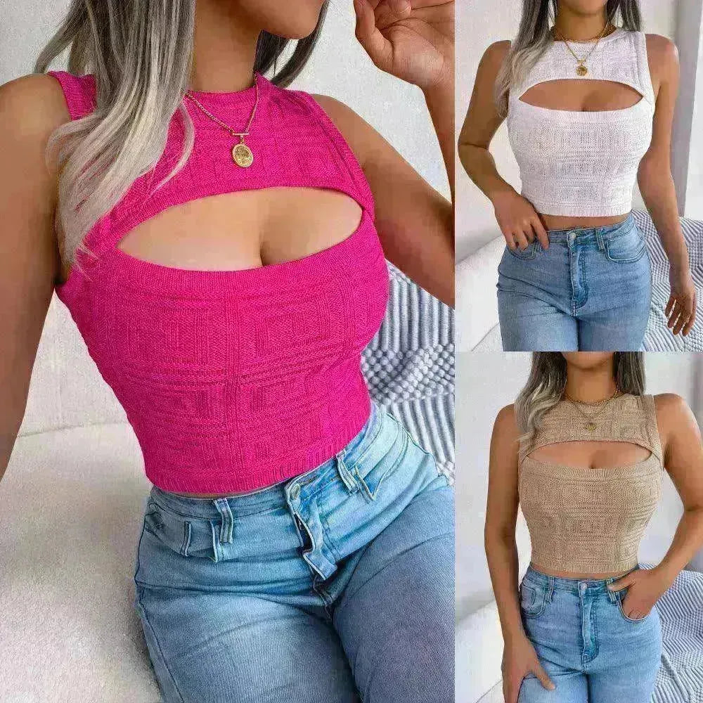 Summer Hollow Out Sleeveless Top Cropped Knitted Tank - EX-STOCK CANADA