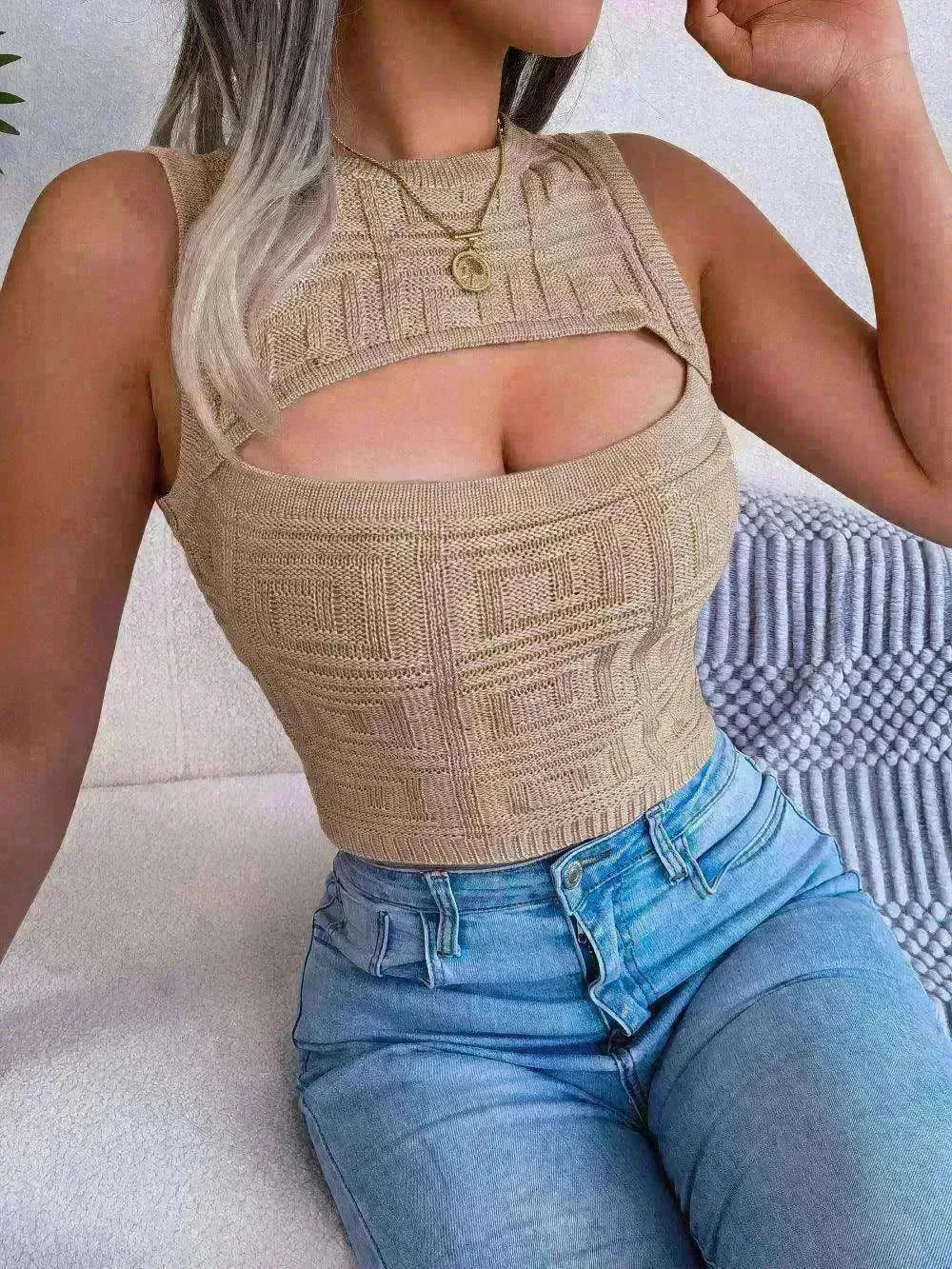 Summer Hollow Out Sleeveless Top Cropped Knitted Tank - EX-STOCK CANADA
