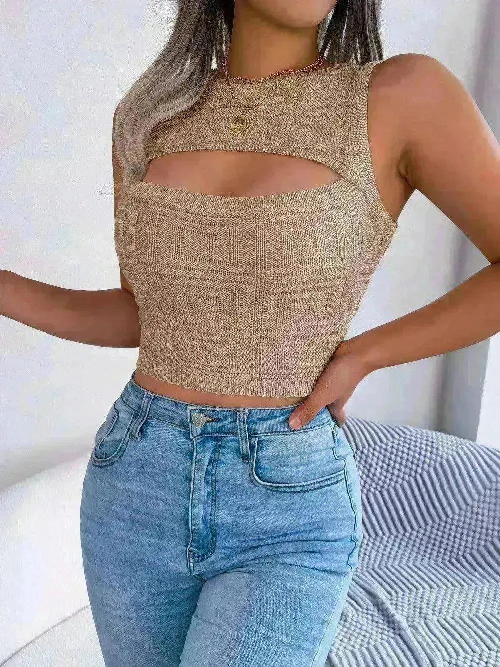 Summer Hollow Out Sleeveless Top Cropped Knitted Tank - EX-STOCK CANADA