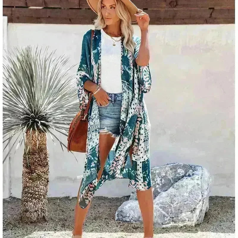 Summer Mid-length Slit Print Loose Beach Cover Sun Protection Shirt - EX-STOCK CANADA