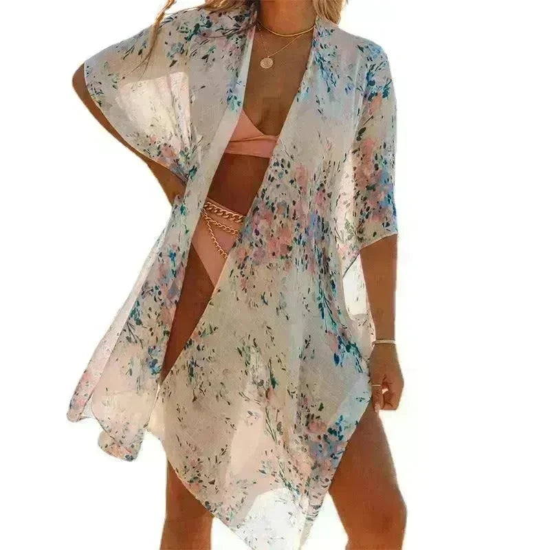 Summer Mid-length Slit Print Loose Beach Cover Sun Protection Shirt - EX-STOCK CANADA