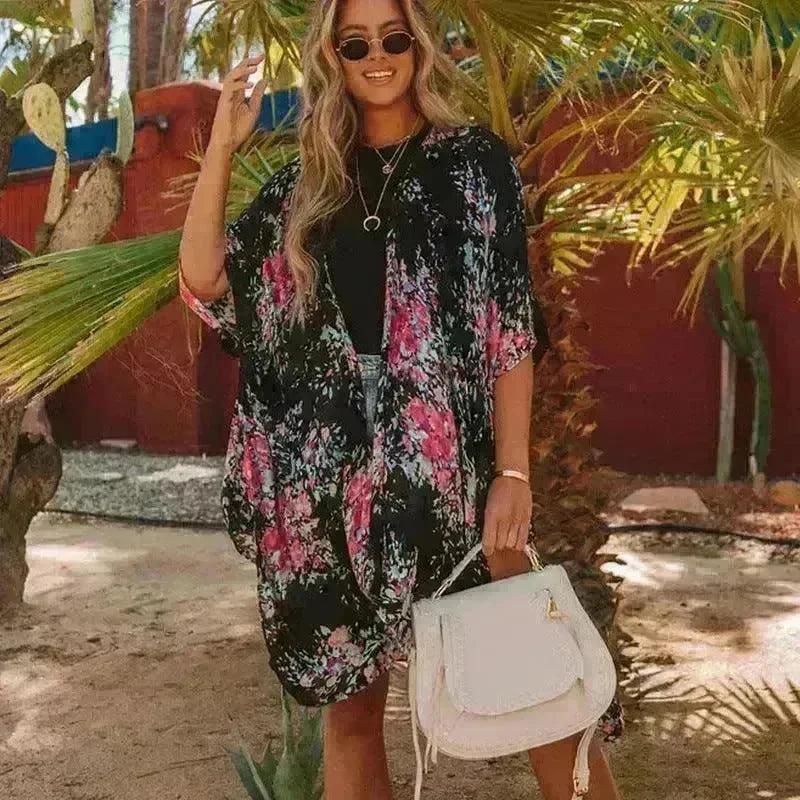 Summer Mid-length Slit Print Loose Beach Cover Sun Protection Shirt - EX-STOCK CANADA