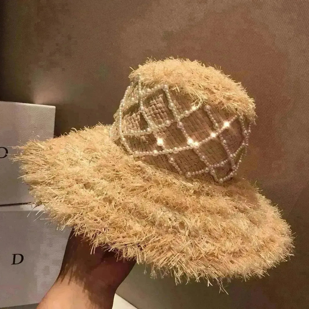 Summer Raffia Straw Hat Hand-stitched Pearl Hat - EX-STOCK CANADA