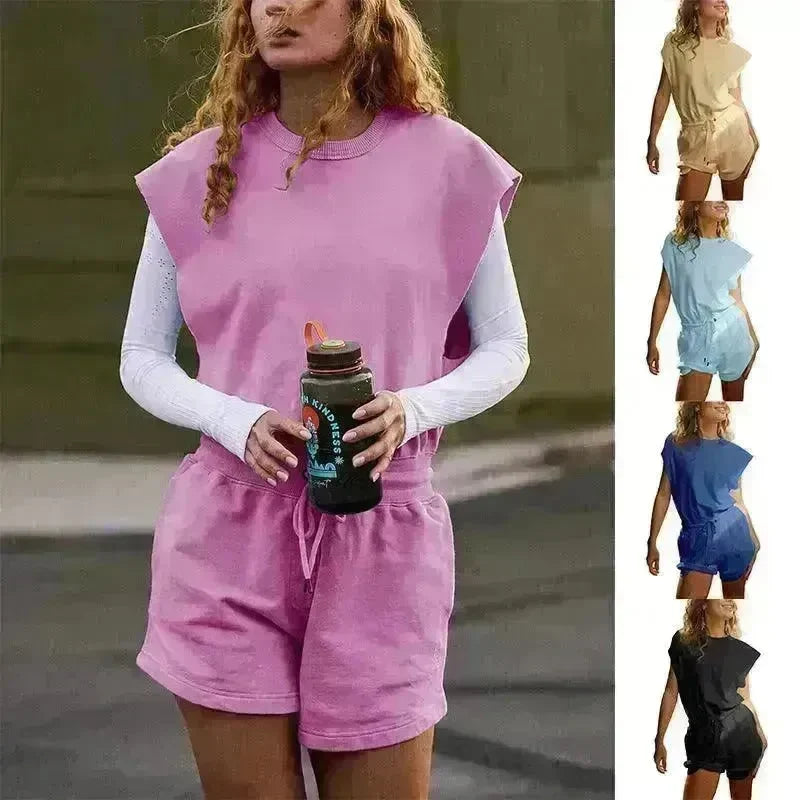 Summer Sleeveless Cotton Backless Short Women Jumpsuit Casual Loose Top And Drawstring Shorts Overall For Womens Clothing - EX-STOCK CANADA