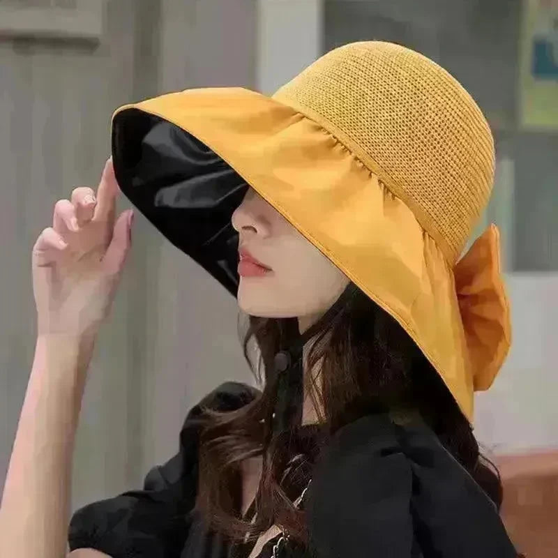 Summer Straw Sunhat With Large Brim And Big Bow Anti-UV Fisherman Hat Outdoor Sunshade And Face Protection Hat - EX-STOCK CANADA
