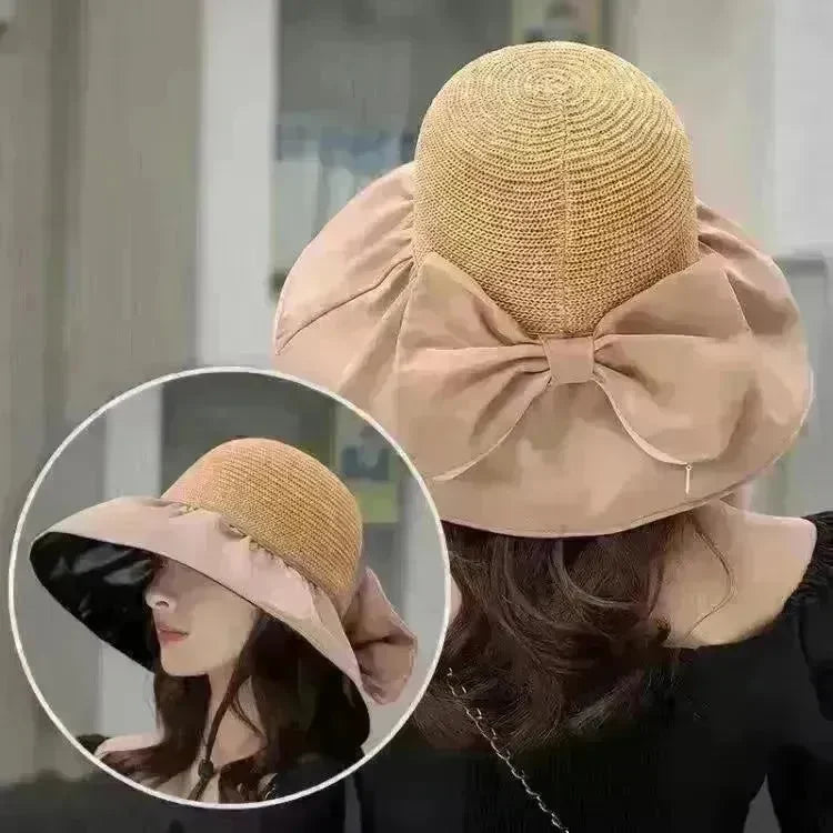 Summer Straw Sunhat With Large Brim And Big Bow Anti-UV Fisherman Hat Outdoor Sunshade And Face Protection Hat - EX-STOCK CANADA