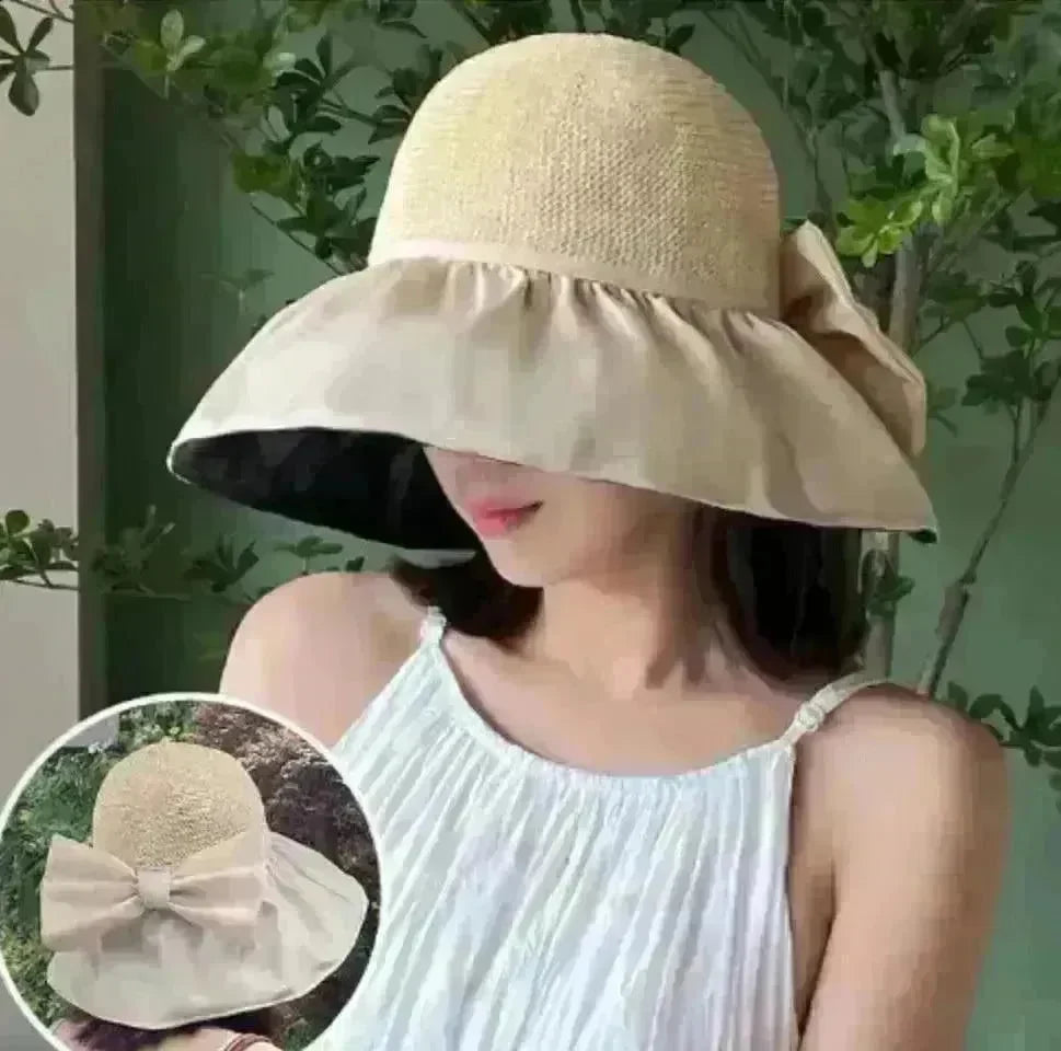Summer Straw Sunhat With Large Brim And Big Bow Anti-UV Fisherman Hat Outdoor Sunshade And Face Protection Hat - EX-STOCK CANADA