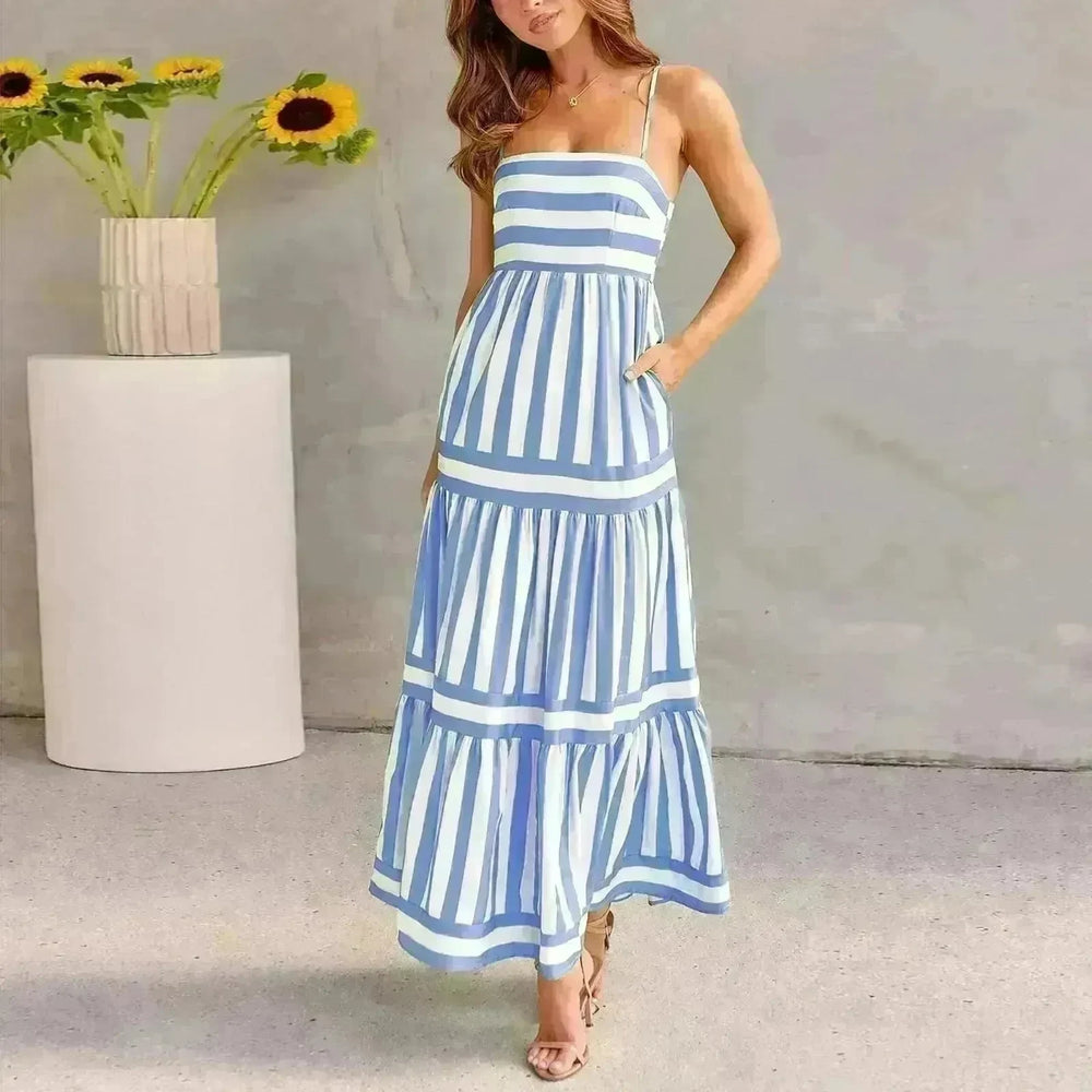 Summer Striped Printed Suspender Long Dress With Pockets Fashion Square Neck Backless Dresses For Beach Vacation Women Clothing - EX-STOCK CANADA