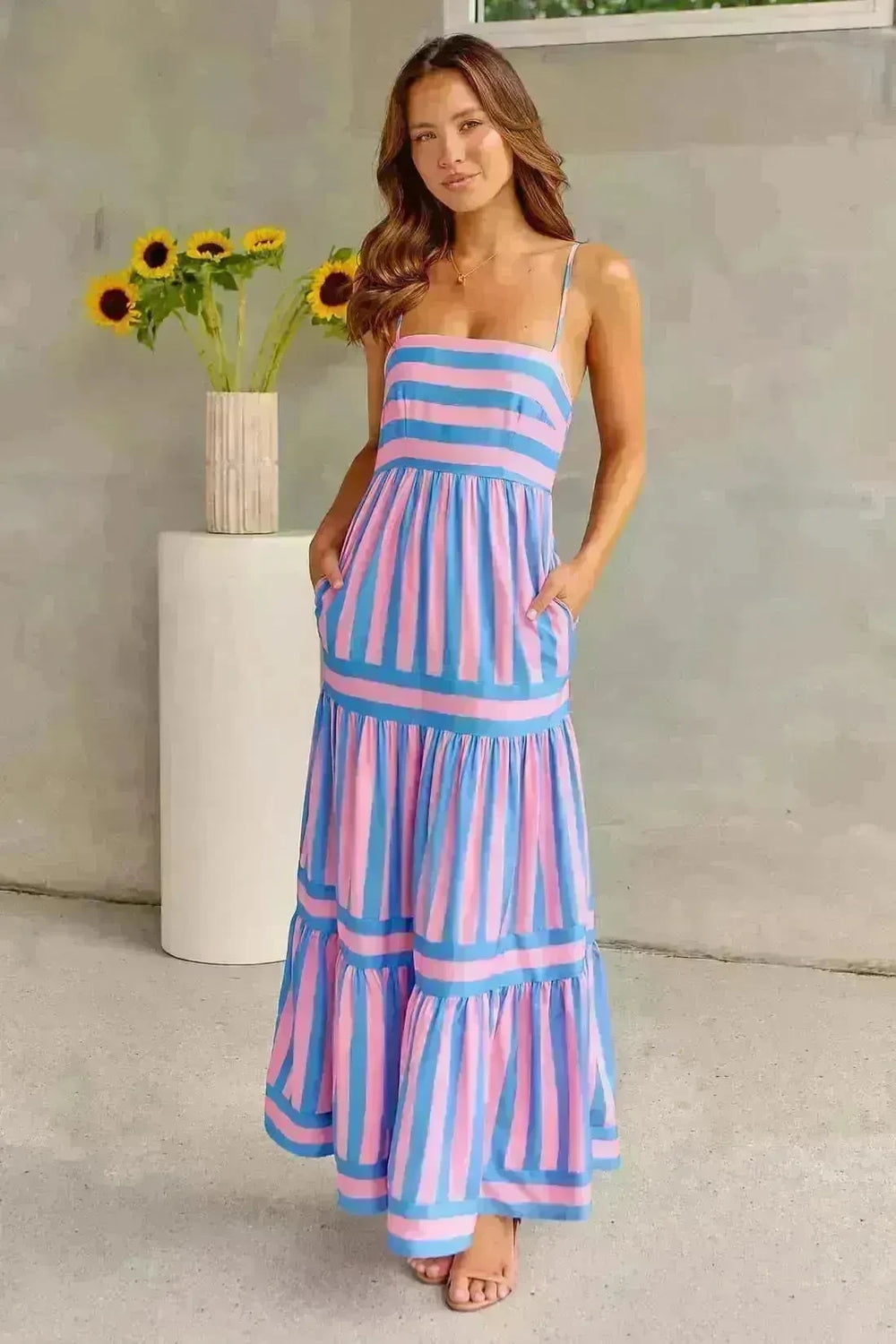 Summer Striped Printed Suspender Long Dress With Pockets Fashion Square Neck Backless Dresses For Beach Vacation Women Clothing - EX-STOCK CANADA