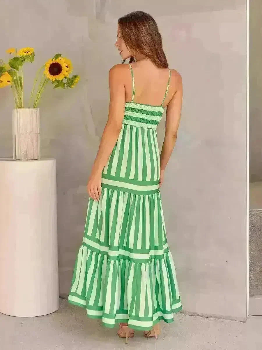 Summer Striped Printed Suspender Long Dress With Pockets Fashion Square Neck Backless Dresses For Beach Vacation Women Clothing - EX-STOCK CANADA