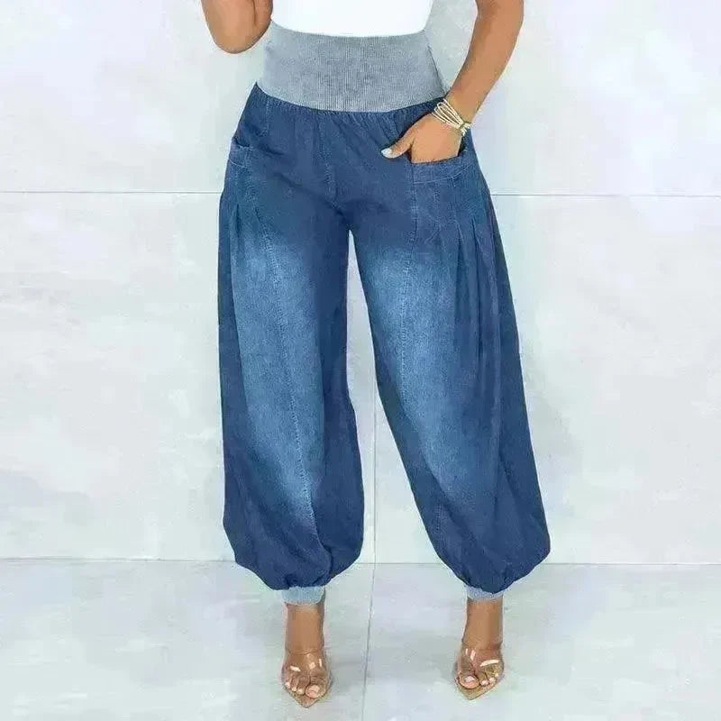 Summer Thin Loose Wide-leg Pants Harem Pants Elastic Waist Denim Trousers Women - EX-STOCK CANADA