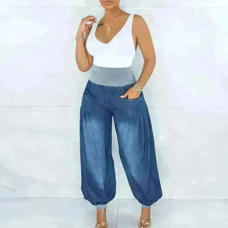 Summer Thin Loose Wide-leg Pants Harem Pants Elastic Waist Denim Trousers Women - EX-STOCK CANADA