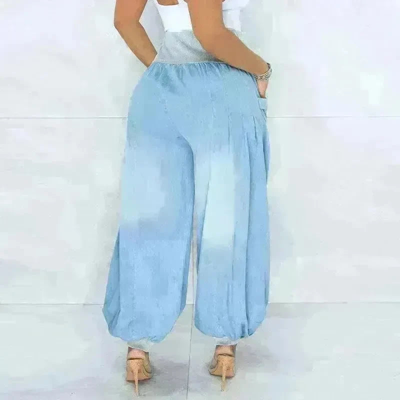 Summer Thin Loose Wide-leg Pants Harem Pants Elastic Waist Denim Trousers Women - EX-STOCK CANADA