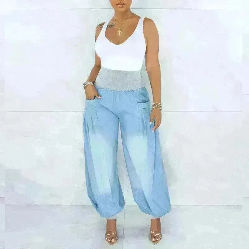 Summer Thin Loose Wide-leg Pants Harem Pants Elastic Waist Denim Trousers Women - EX-STOCK CANADA