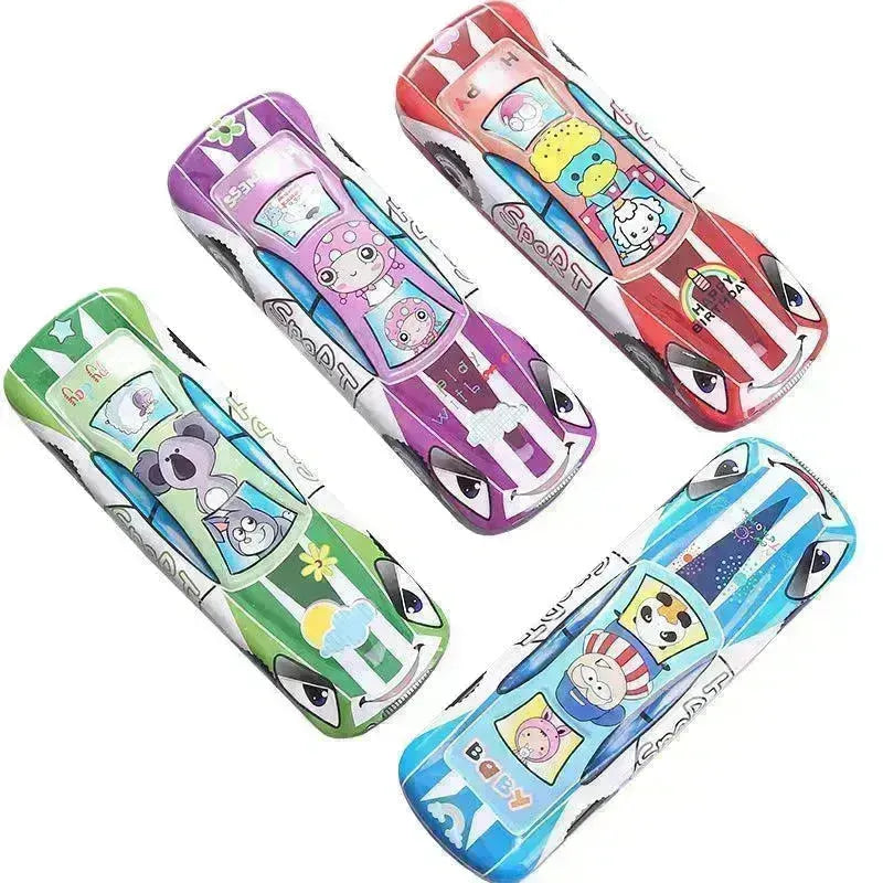 Tinplate Car Trolley Double-layer Stationery Box Racing Shape Pencil Case Cartoon Pattern Pencil Case - EX-STOCK CANADA