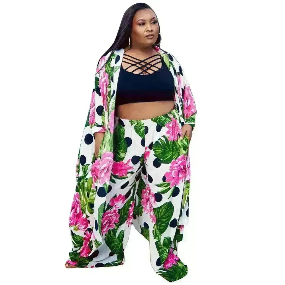 Trendy European and American Ruffle Sleeve Women's Printed Pants Coat Set - EX-STOCK CANADA