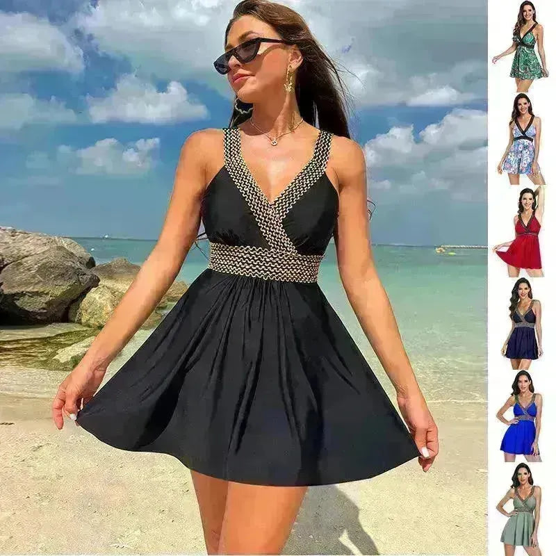 V-neck Printed Swimsuit Dress Summer Beach Vacation Bikini Fashion Womens Clothing - EX-STOCK CANADA