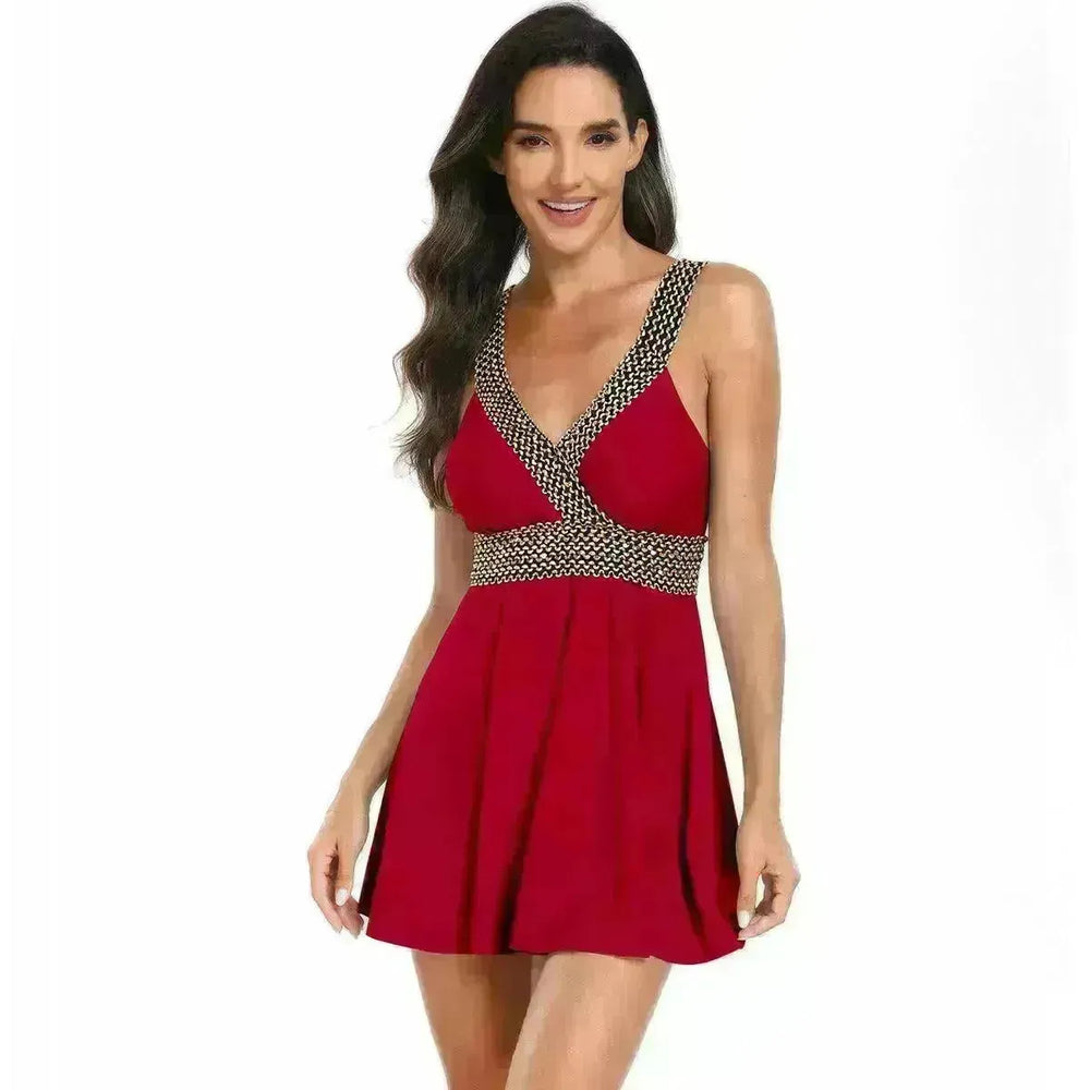 V-neck Printed Swimsuit Dress Summer Beach Vacation Bikini Fashion Womens Clothing - EX-STOCK CANADA