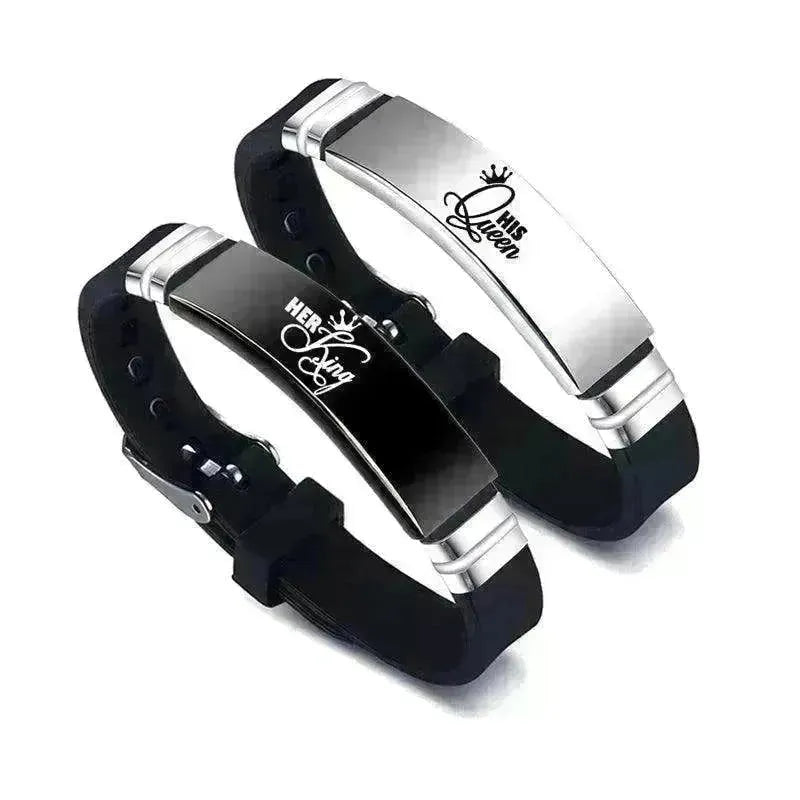 Valentine's Day Black Silver Her King His Queen Couple Bracelets - EX-STOCK CANADA