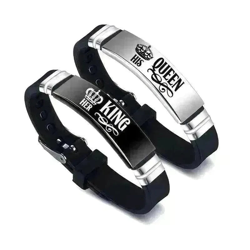 Valentine's Day Black Silver Her King His Queen Couple Bracelets - EX-STOCK CANADA