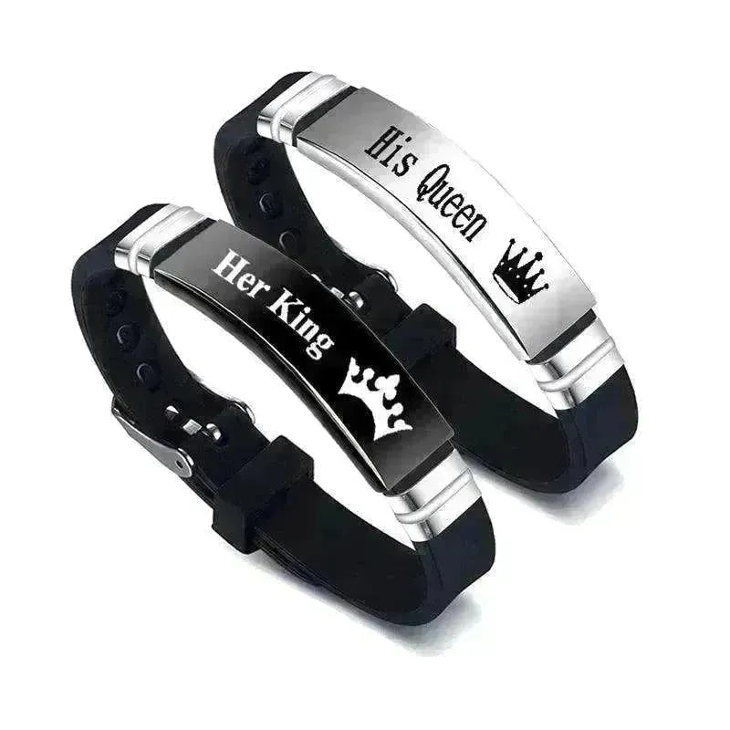 Valentine's Day Black Silver Her King His Queen Couple Bracelets - EX-STOCK CANADA