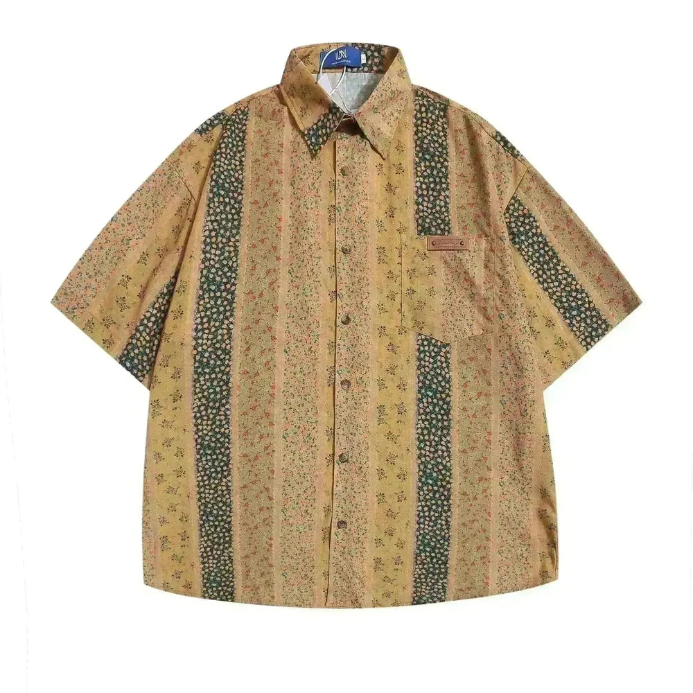 Vertical Stripes Small Floral Short-sleeved Casual Shirt - EX-STOCK CANADA