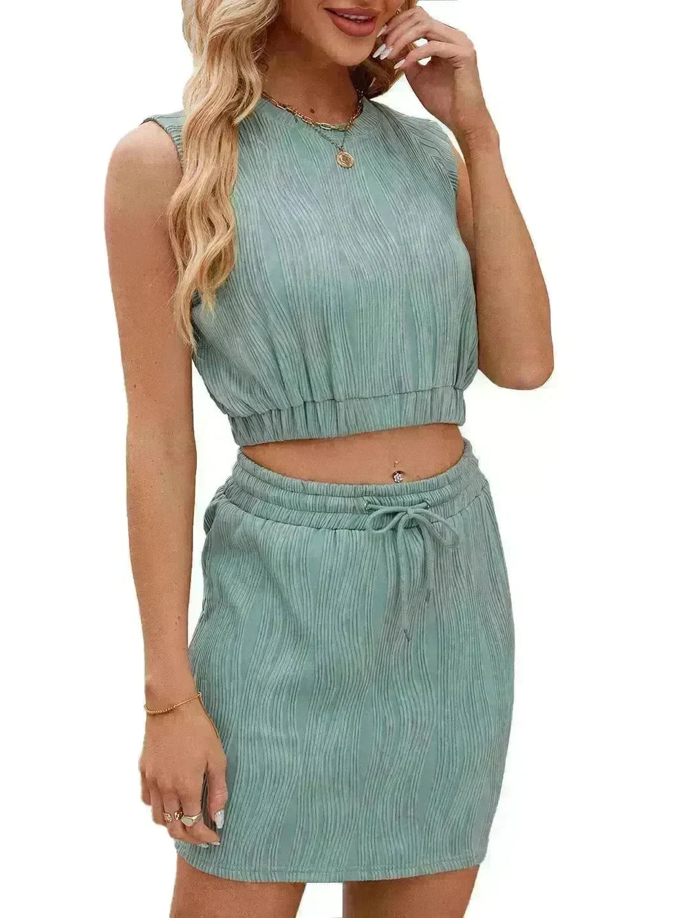 Wave Pattern Design Suit For Women Round Neck Sleeveless Top And Drawstring Design Short Skirt Fashion 2-piece Set Summer Clothing - EX-STOCK CANADA