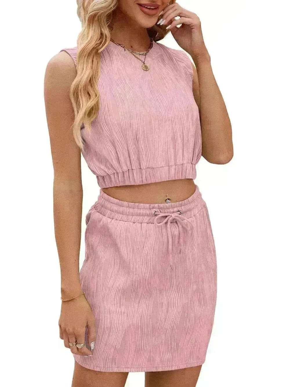 Wave Pattern Design Suit For Women Round Neck Sleeveless Top And Drawstring Design Short Skirt Fashion 2-piece Set Summer Clothing - EX-STOCK CANADA