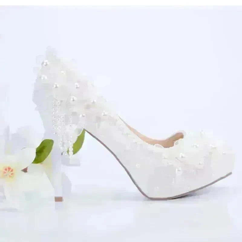 White Lace Flower High Heels Tassel Bridal Wedding Bridesmaid Shoes - EX-STOCK CANADA