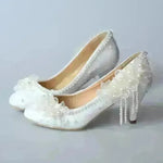 White Lace Flower High Heels Tassel Bridal Wedding Bridesmaid Shoes - EX-STOCK CANADA