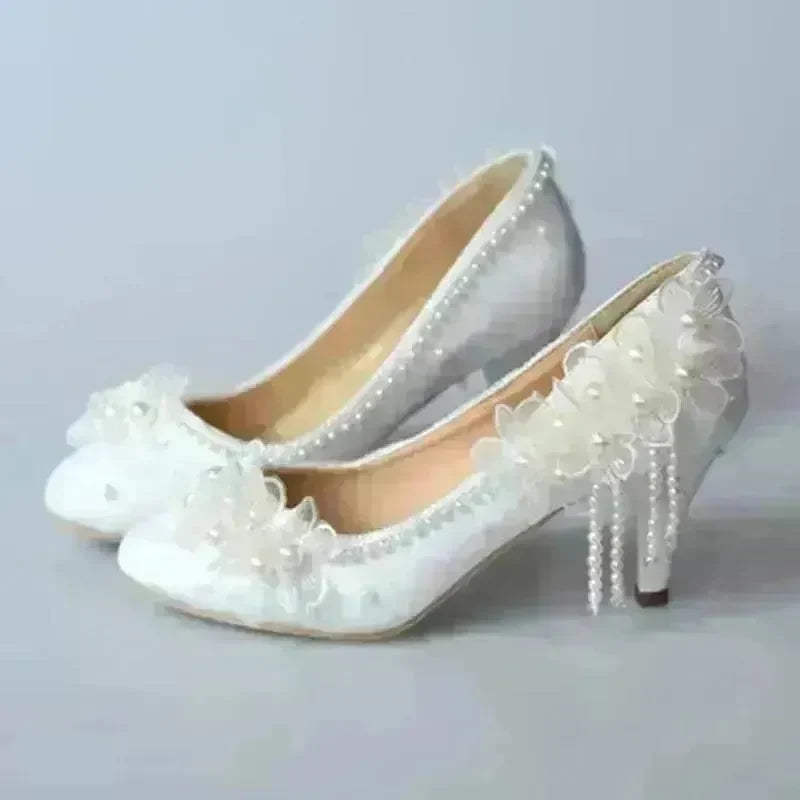 White Lace Flower High Heels Tassel Bridal Wedding Bridesmaid Shoes - EX-STOCK CANADA