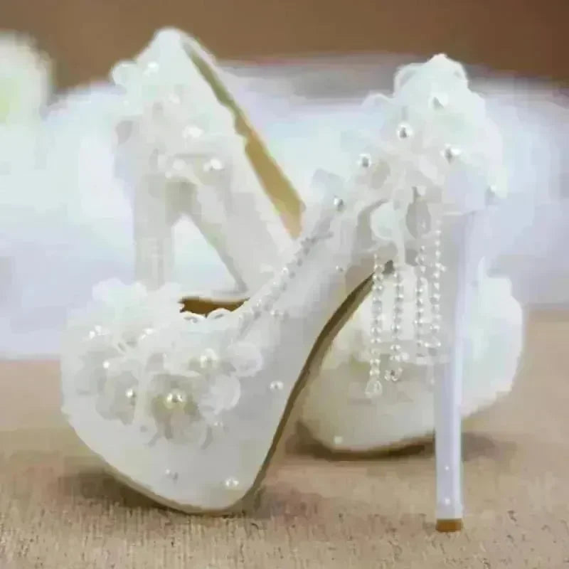 White Lace Flower High Heels Tassel Bridal Wedding Bridesmaid Shoes - EX-STOCK CANADA
