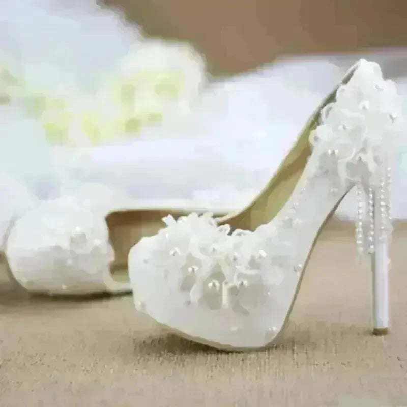 White Lace Flower High Heels Tassel Bridal Wedding Bridesmaid Shoes - EX-STOCK CANADA