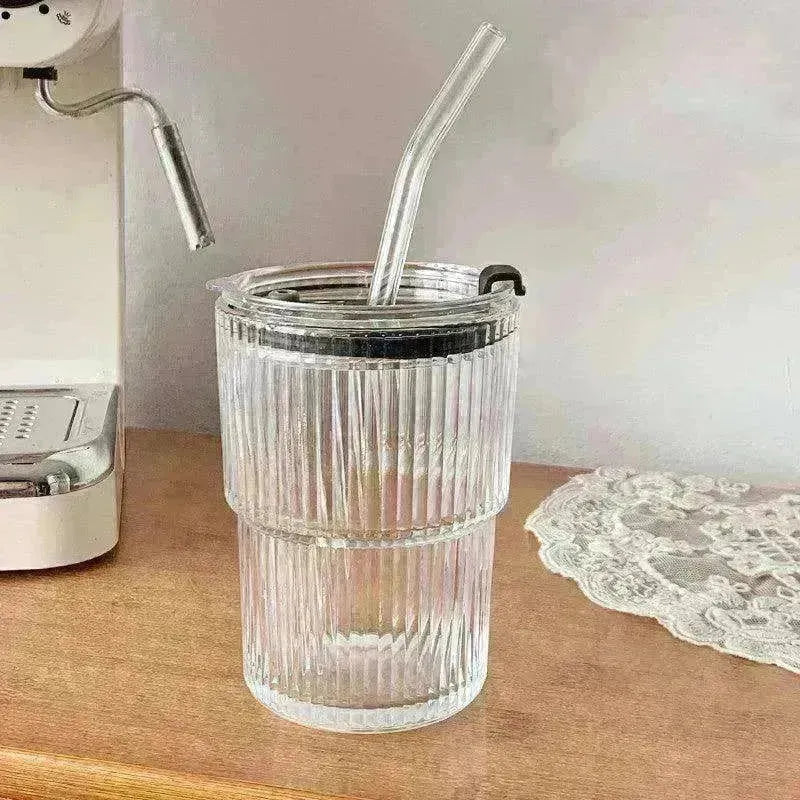 Wind Stripe Coffee Mug With Straw With Lid Glass Handy Mug - EX-STOCK CANADA