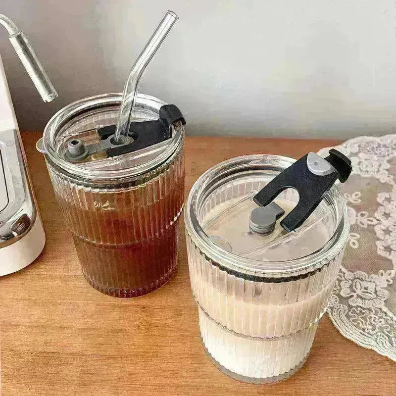 Wind Stripe Coffee Mug With Straw With Lid Glass Handy Mug - EX-STOCK CANADA