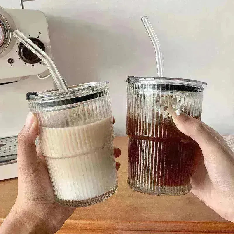Wind Stripe Coffee Mug With Straw With Lid Glass Handy Mug - EX-STOCK CANADA