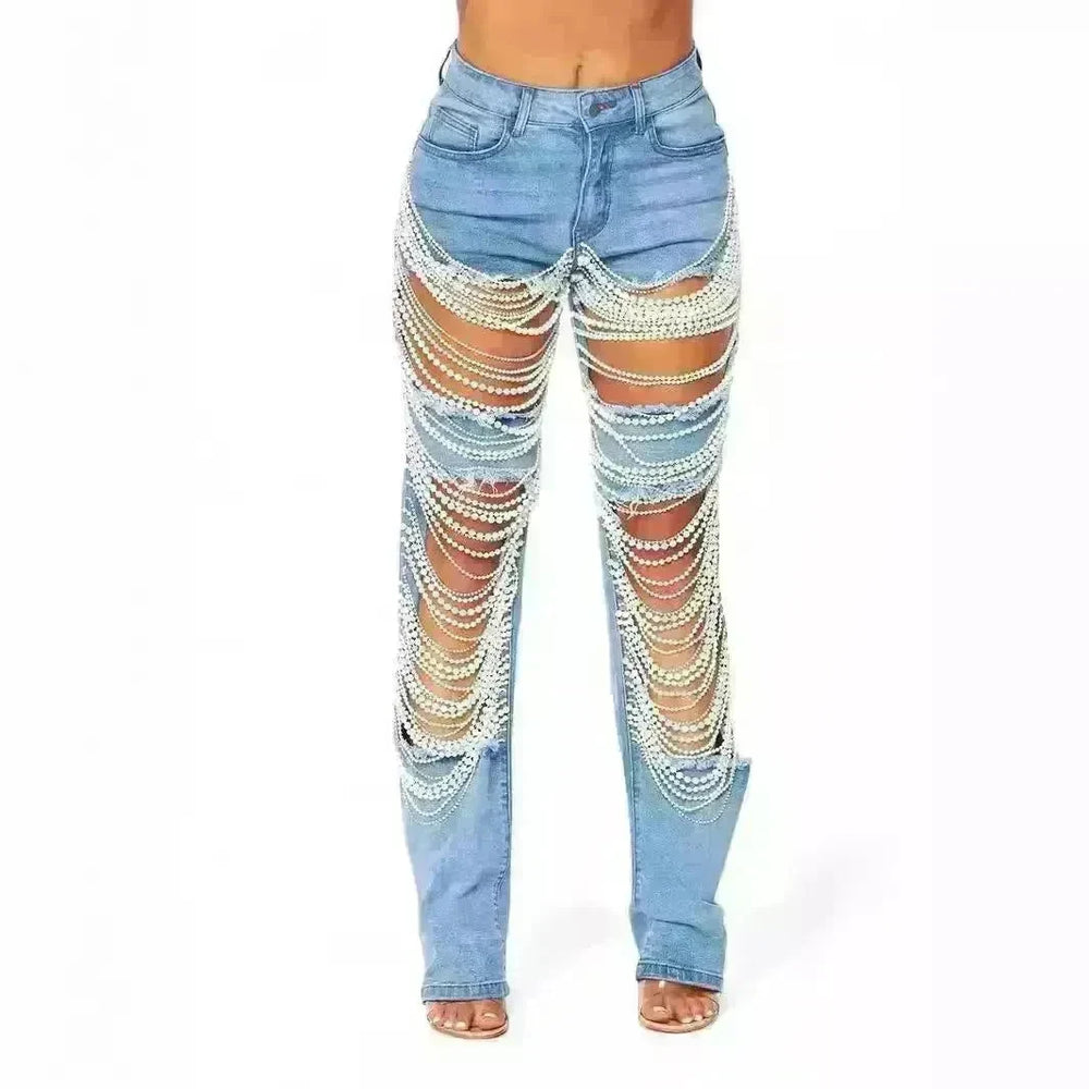 Women Creative Casual Ripped Denim Jeans Straight Leg Pant Trouser - EX-STOCK CANADA