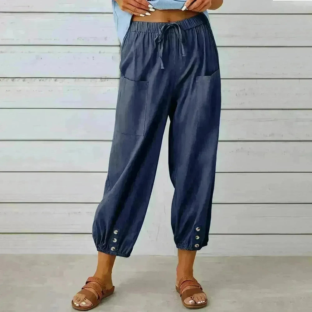 Women Drawstring Tie Pants Spring Summer Cotton And Linen Trousers With Pockets Button - EX-STOCK CANADA