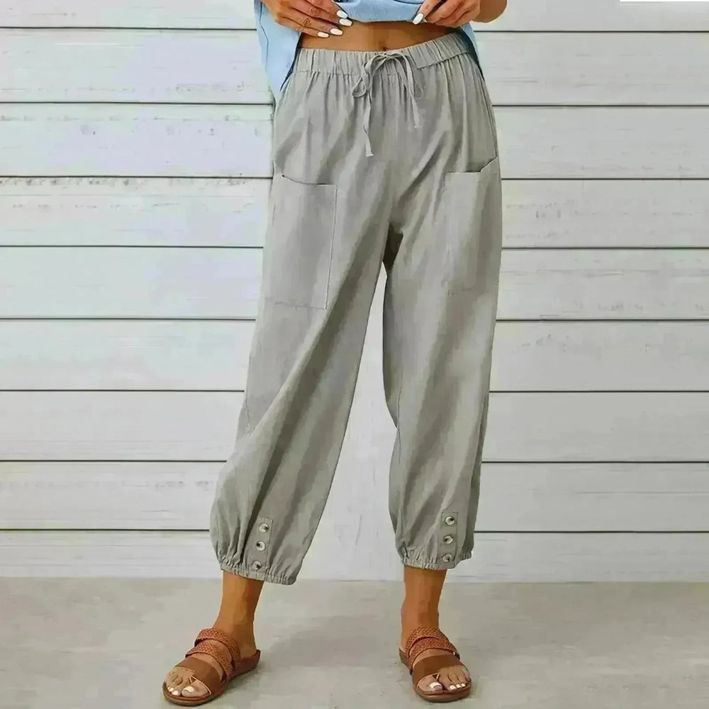 Women Drawstring Tie Pants Spring Summer Cotton And Linen Trousers With Pockets Button - EX-STOCK CANADA