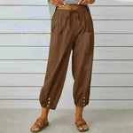 Women Drawstring Tie Pants Spring Summer Cotton And Linen Trousers With Pockets Button - EX-STOCK CANADA