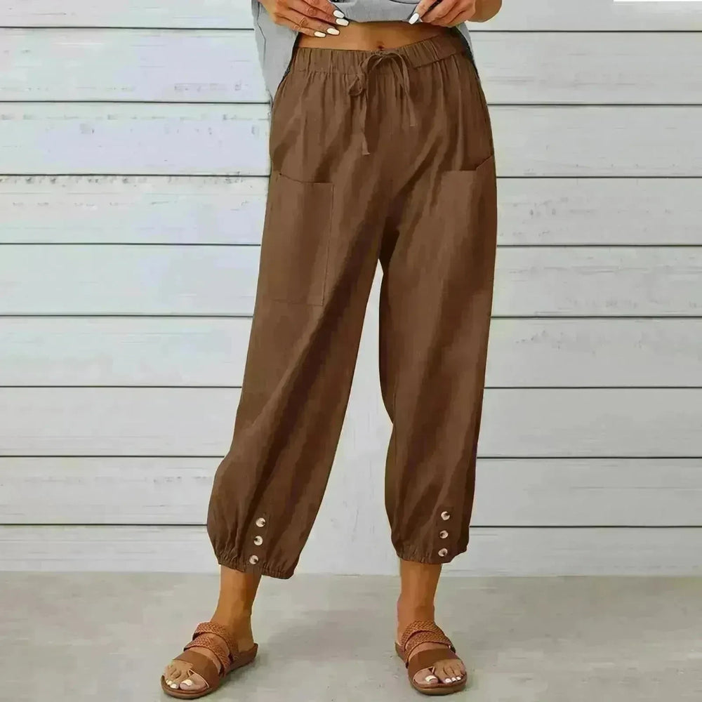Women Drawstring Tie Pants Spring Summer Cotton And Linen Trousers With Pockets Button - EX-STOCK CANADA